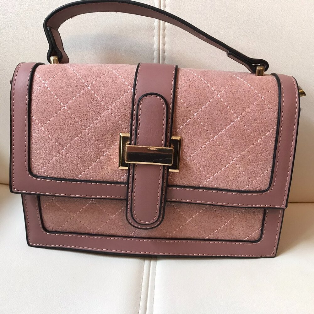 Blush Pink Quilted Crossbody Satchel Top Handle Faux Suede Purse Gold Hardware